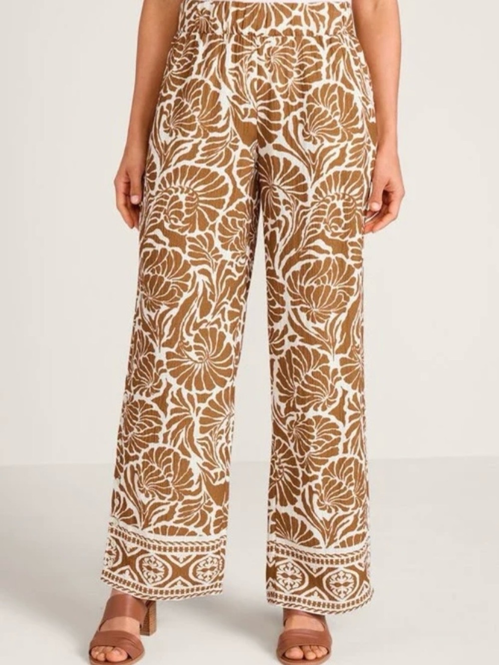 SOFT SURROUNDINGS OCEO GAUZE WIDE LEG PANTS ~NAUTICAL SHELLS NEUTRAL PRINT SZ L - Picture 2 of 5